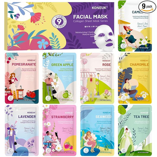 KONEUK 9 Pack Hydrating Face Masks Skincare, Bulk Sheet Face Mask for Dry Skin, Collagen Facial Masks Spa Gifts for Women Skin Care, Spa Birthday Party Supplies and Sleepover Party Supplies