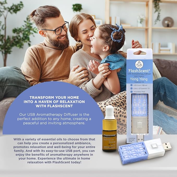 Belle Aroma® FlashScent™ USB Aromatherapy Bundle - for Car, Office, Home, and Travel - Includes 1 Serenity Blue Ylang Ylang Oil Diffuser Kit, 1 Lavender FlashScent Essential Oil, and 7 Refill Pads