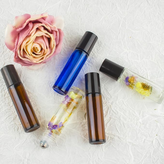 10ml Roller Bottles for Essential Oils, 6 Pack Glass Roll on Bottles, Refillable Perfume Bottle, with Stainless Steel Roller Balls, 2 Droppers, 1 Opener, Labels(Amber)