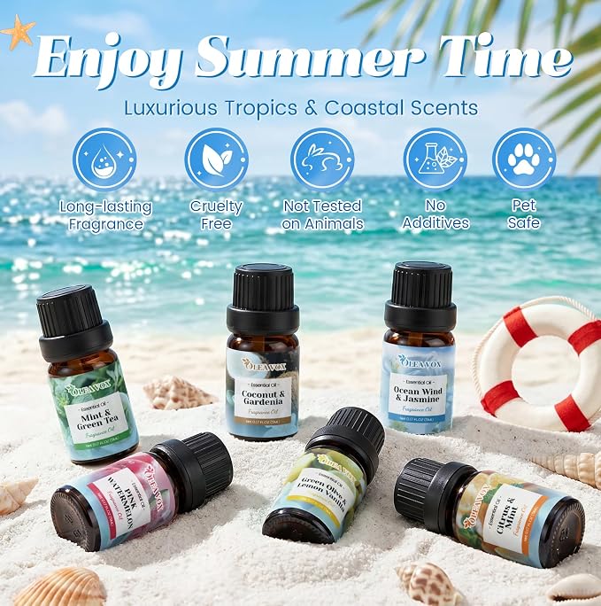 Summer Essential Oils Set, Tropical Fragrance Oils for Diffusers for Home, Scented Oil for Candle & Soap Making, Coconut & Gardenia,Ocean Wind & Jasmine More 10x5ml Aromatherapy Oils Gift for Women