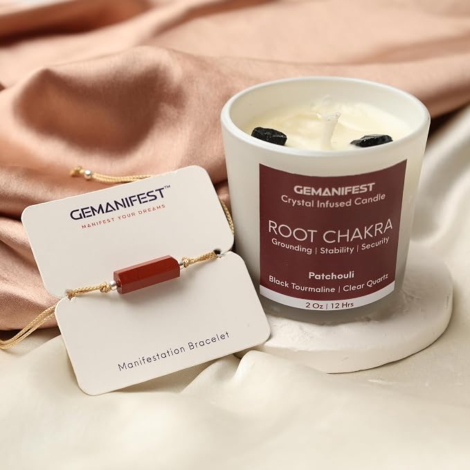 Root Chakra Meditation Candle with Red Jasper Energy Healing Bracelet Patchouli Crystal Candles for Protection Stability and Grounding Best Spiritual Meditation Gifts for Women and Men