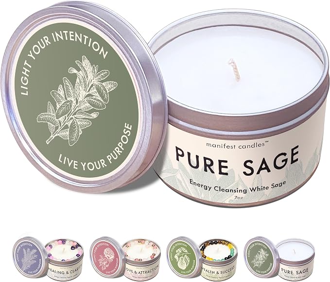 Manifest Candles, White Sage Candles for Cleansing House Negative Energy, 45 Hour Burn, Pure Sage Smudge Candle, Positive Energy Meditation Candle, Aromatherapy Candle, Spiritual Gifts, Healing Sage