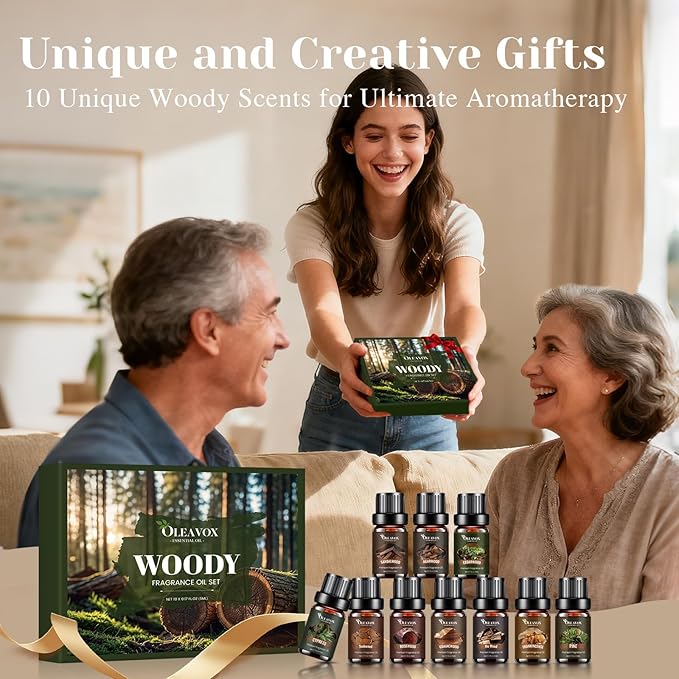 Woody Essential Oils Gift Set, 10x５ML Premium Wood Fragrance Oil　for Candle & Soap Making, Diffuser, Sandalwood, Teakwood, Forest Pine, Cedarwood, Cypress and Frankincense More Aromatherapy Oils