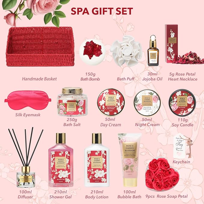 25Pcs Spa Gifts Skin Care Set - Luxurious Rose Spa Gift Baskets for Women
