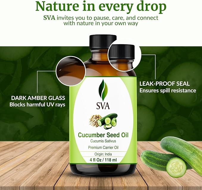 SVA Cucumber Seed Oil - 4 Fl Oz – 100% Natural Cold Pressed Cucumber Oil - for Face, Skin Care, Hair Care, Scalp Massage & Body Massage – Carrier Oil with Dropper