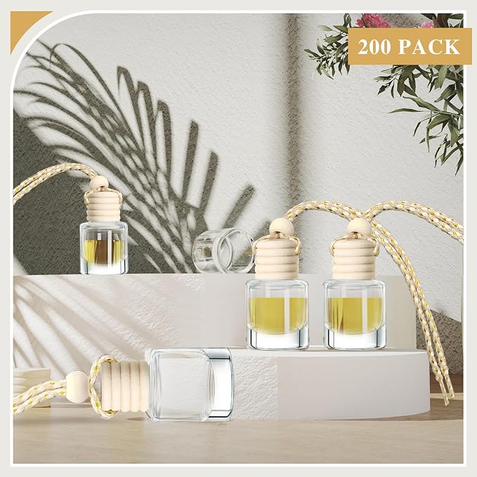 200 Pcs 8 ml Hanging Car Air Freshener Diffuser Bulk Clear Empty Essential Oil Diffuser Bottles Aromatherapy Fragrance Perfume Pendant Glass Vials Car Interior Ornament Decoration
