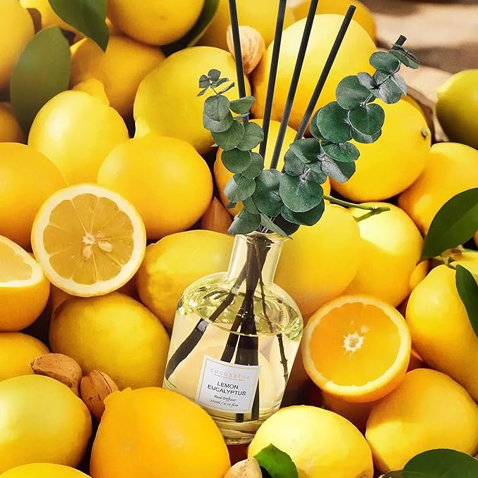 COCORRÍNA Lemon Eucalyptus Reed Diffuser – 6.76 oz Essential Oil with 8 Reeds & Real Eucalyptus Sticks, Home Fragrance for Bedroom or Bathroom Décor