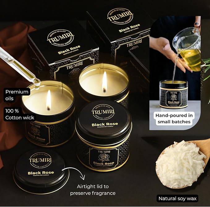 Black Rose Candle Strong Scented Soy Candel Clean Non Toxic Velas Aromáticas Gift for Women 5Oz Decorative Tin Jars with Lids Pack of 3