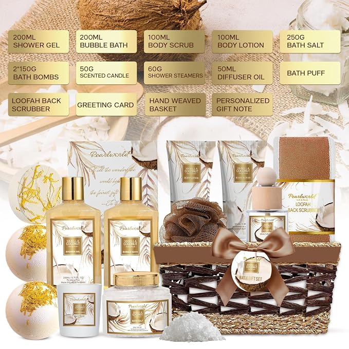 Mother's Day Gifts Basket for Women, 15pcs Vanilla Coconut Bath Set with Shower Gel, Bubble Bath, Diffuser Oil, Scented Candle, Skin Care Kit Birthday Gift for Women