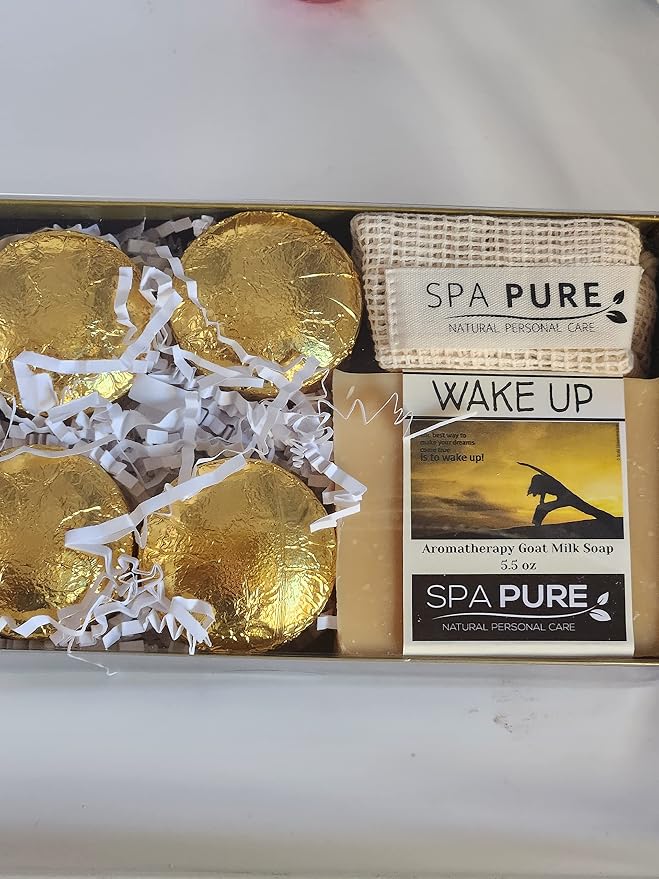 Spa Pure Aromatherapy Gift Set: Wake Up Large Artisan soap, 4 Shower Steamers, made with plant based ingredients, includes Cotton Steamer Bag & Soap Bag