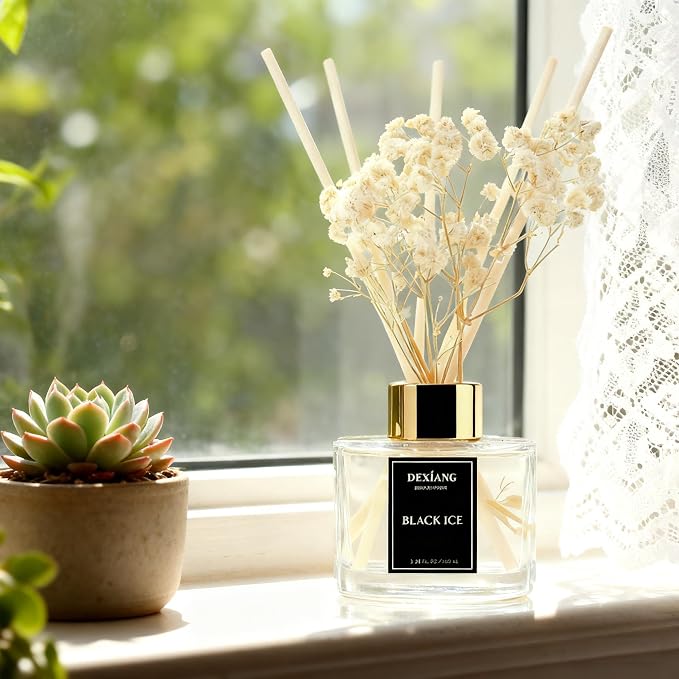 Reed Diffuser Set - 3.38 fl oz Black ice Premium Scented Oil with Preserved Baby's Breath & Cotton 6 Sticks | Long-Lasting Aromatherapy for Home, Bedroom, Bathroom, Office Home Decor