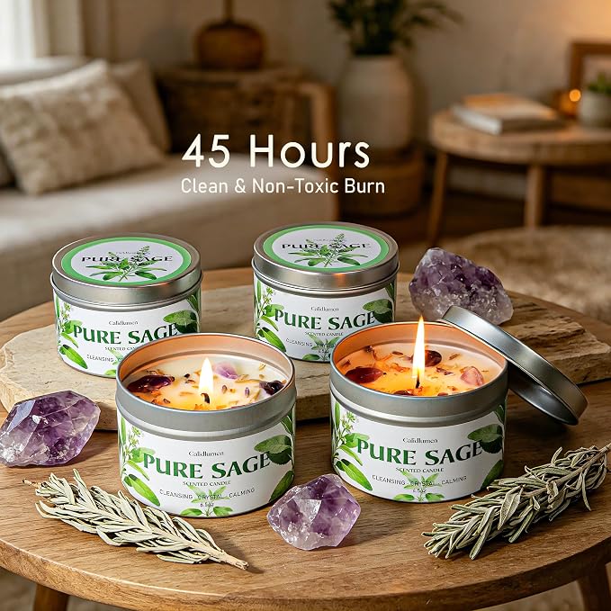 Pure Sage Candle for Cleansing - 4Pc Soy Scented Candle with Crystals & Sage Leaves Inside, House Negative Energy Kit, Spiritual Gift for Women