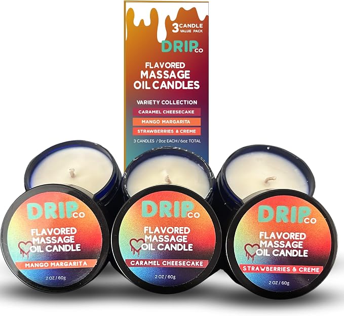 Drip Co Massage Candle - Soy Wax Aromatherapy Candle for Relax Oil Therapy, TikTok Trend, Scented Candles, Spa Essentials - 6 OZ Variety Pack (Caramel Cheesecake, Mango Marg, Strawberries & Creme)