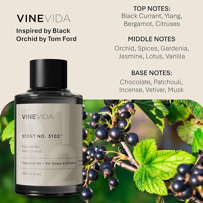 VINEVIDA Scent NO. 3102 Fragrance Oil - 120mL (4oz) - Inspired by: Black Orchid Fragrance Oil for Candle Making - Made in USA Candle Scents Scents for Soap Making