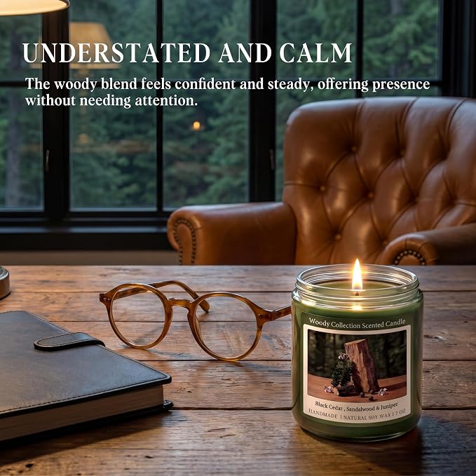 Homsolver Sandalwood Scented Candle, Natural Soy Candles with 50+ Hour Burn, 7oz Black Cedar & Sandalwood with Juniper Jar Candle, Woody Aroma for Home, Bedroom, Office, Calm and Grounded Fragrance