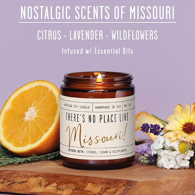 Missouri Gifts, Missouri Decor for Home - 'There's No Place Like Missouri Candle, w/Citrus, Lavender & Wildflowers I Missouri Souvenirs I Missouri State Gifts I 9oz Jar, 50Hr Burn, USA Made