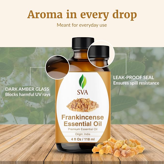 SVA Frankincense Essential Oil – 4 Fl Oz – for Diffuser, Skin & Hair Care – Ideal for Aromatherapy, Massage & DIY Blends – with Dropper
