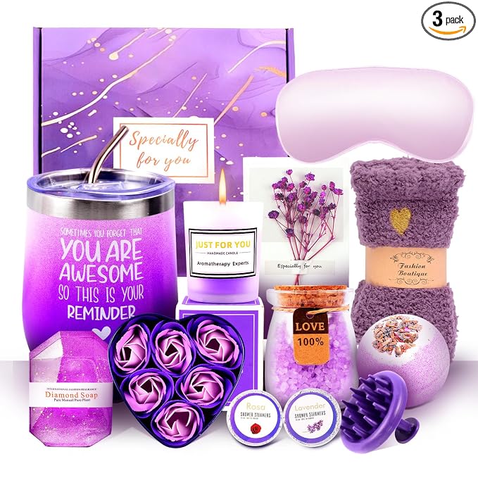 12 Piece Spa Gifts Set for Women, Self Care Gift Basket for Mom Wife Her, Relaxing Gifts with Eye Mask, Water Bottle, Bath Bombs, Aromatherapy for Valentines Day, Birthday, Christmas (Lavender)
