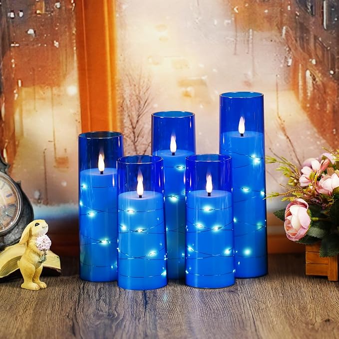 kakoya Flameless LED Candles with Timer 5 Pc Flickering Flameless Candles for Romantic Ambiance and Home Decoration Stable Acrylic Shell,with Embedded Star String，Battery Operated Candles（Blue）