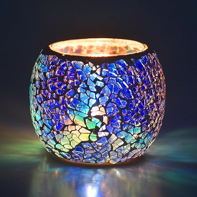Scented Candle Holder Mosaic Glass Tea Light Holder,Handmade Romantic Glass Tealight Candle Holder for Aromatherapy,Party Décor(NO Candles),Also Used as Vase,Pen Holder,Potted Plants Bowl (Blue)