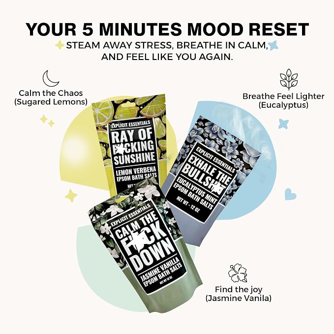 Explicit Essentials Bath Salts Gift Set | 3 Relaxing Epsom Salt Bath Soaks | Aromatherapy Epsom Salt Variety Pack for Stress Relief, Relaxation & Self-Care Gifts