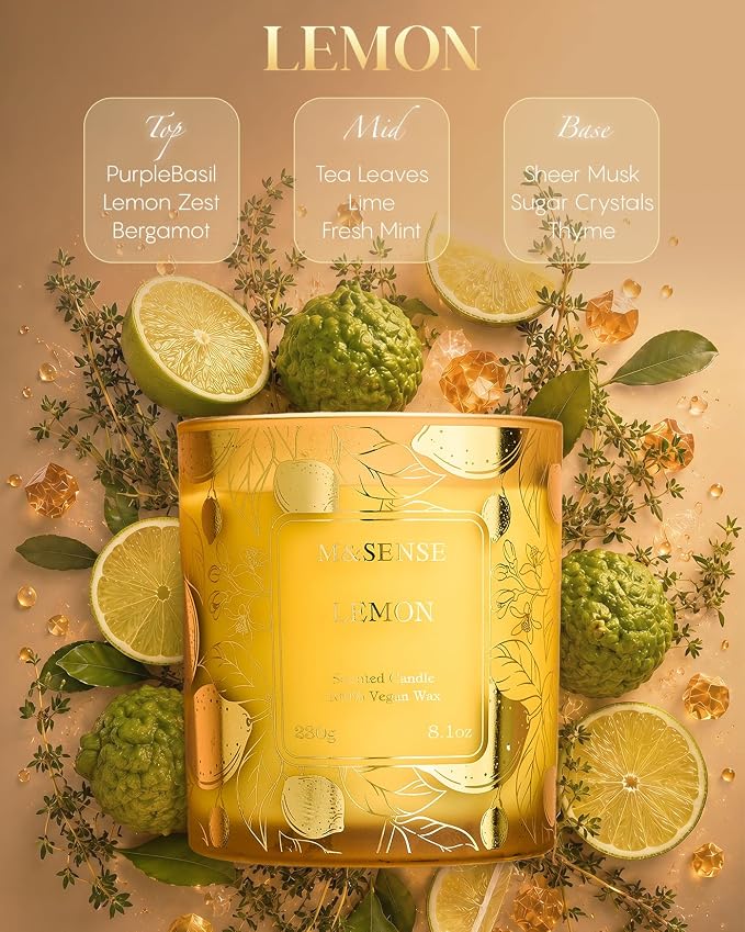 M&SENSE Lemon Soy Candle, Non Toxic 8.1oz 42-Hour Long Burning, Citrus Clean Summer Kitchen Office Stress Relief Home Fragrance