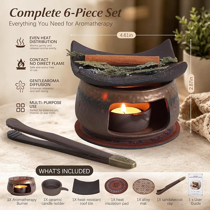 Cedar and Zen Herb Burner Kit, 1250°C High-Fired Aromatherapy Burner Set | Japanese Style, 6-Piece, With Tea Light Holder & Roof Tile, For Herbs & Cedar, Meditation, Yoga, Relaxation, Home Decor Gift