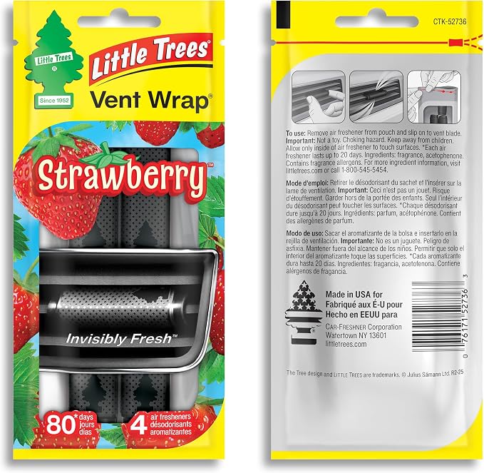 LITTLE TREES Car Air Freshener | Vent Wrap Provides Long Lasting Scent, Invisibly Fresh | 16 Air Fresheners | Strawberry