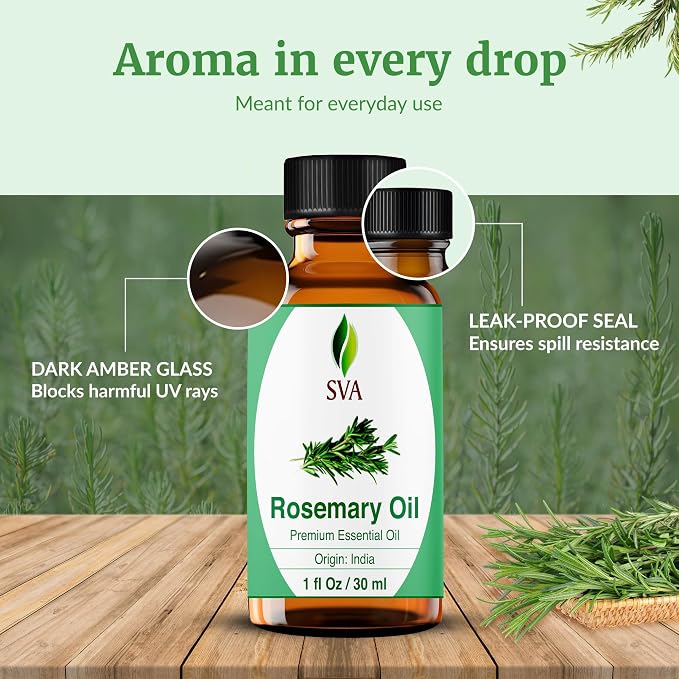 SVA Rosemary Essential Oil – 1 Fl Oz – 100% Natural Rosemary Oil for Hair, Face, Skin Care, Diffuser, Aromatherapy, Scalp, Body Massage, Soap and Candle Making – with Dropper