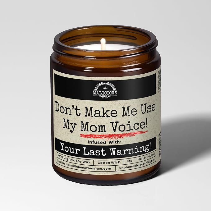 Malicious Women Co. Don’t Make Me Use My Mom Voice | Berry Bellini Scented Soy Candle | 9oz Handmade Natural Wax Jar Candle | Funny Mother’s Day Gift | Home Fragrance Gift for Mom