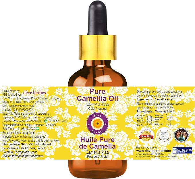 Deve Herbes Camellia Oil (Camellia kissi) | Cold Pressed | Pure | Natural | Undiluted | for Diluting Essential Oils | for Skin & Massage | Non-Sticky | Lightweight | Men & Women | 50ml (1.69 oz)