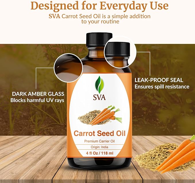 SVA Carrot Seed Oil - 4 Fl Oz - for Face, Skin Care, Hair Care, Scalp Massage & Body Massage – Carrier Oil with Dropper