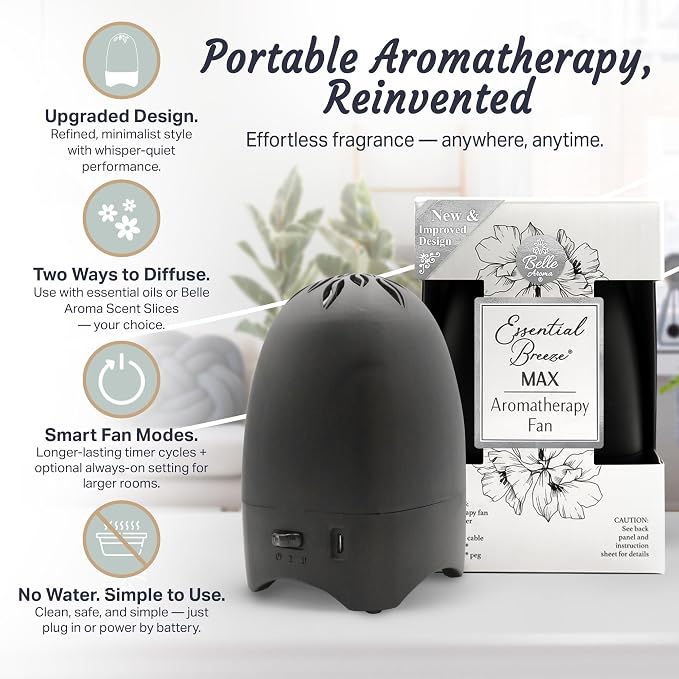 Belle Aroma Essential Breeze Max Aromatherapy Fan – Upgraded Dry Diffuser for Essential Oils or EVA Inserts – Battery or USB Powered – 30-Day Scent – No Water – for Desk, Travel, or Car - Slate