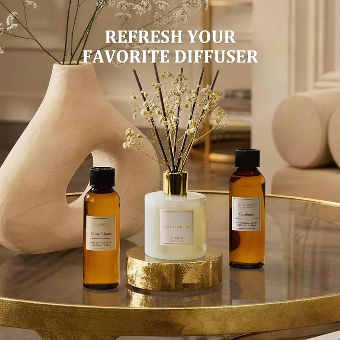 COCORRÍNA Reed Diffuser Set, 10.2oz Scented Oil Refill 3 Pack, Cashmere Vanilla, Ocean Mist, Lavender Garden, Long Lasting Oil Diffuser Refill with 18 Sticks for Bathroom & Bedroom