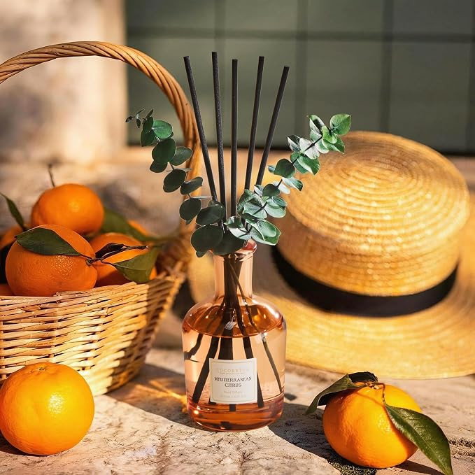 COCORRÍNA Mediterranean Citrus Reed Diffuser – 6.76 oz Essential Oil with 8 Reeds & Real Eucalyptus Sticks, Home Fragrance for Bedroom or Bathroom Décor