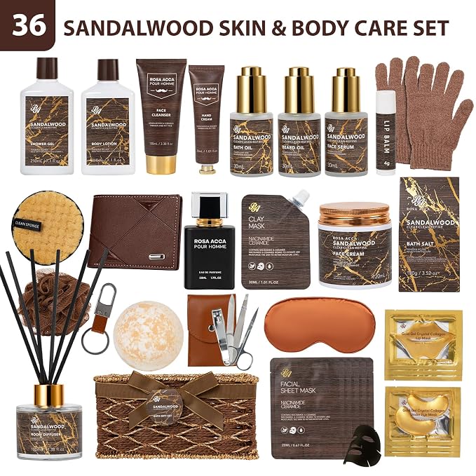 36 Pcs Sandalwood Bath & Body Gift Basket for Men, Father's Day Gifts, Beard Grooming Set, Face Skin Care Kit, Men Home Spa Gift Basket, Bath Bomb, Birthday, Valentines, Christmas, Dad, Anniversary