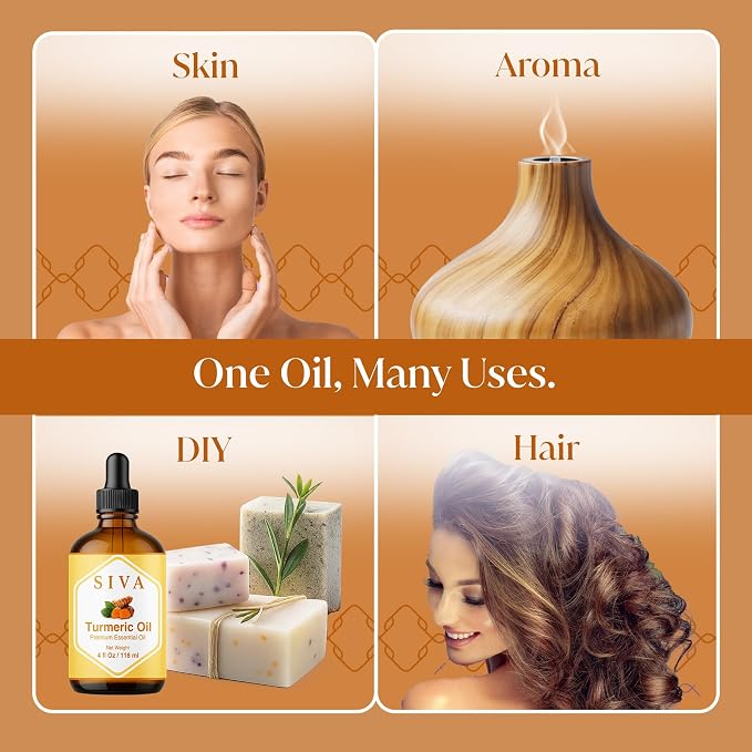 Siva Turmeric Essential Oil 4 Fl Oz – for Diffuser, Skin & Hair Care – Ideal for Aromatherapy, Massage & DIY Blends- with Dropper