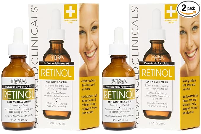 Advanced Clinicals Retinol Serum For Face | Visible Anti Aging Retinol Serum Skin Care Face Moisturizer With Vitamin E Helps Improve Look Of Wrinkles, Fine Lines, & Uneven Skin Tone, 2-Pack