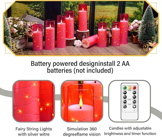 Eebuss Flameless Candles with Embedded Star String, Battery Operated LED Pillar Candles with Timer and Remote Control,Home Decorating for Ambiance， Set of 7 (Pink)