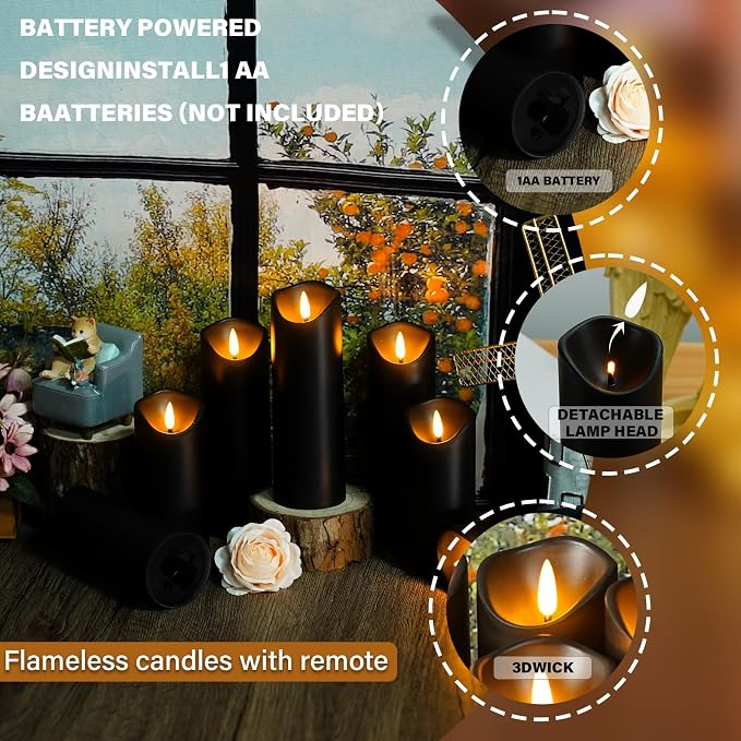 Nimiko Flameless Candles with Remote, Battery Operated Flickering Flameless Candles, LED Candles with Timer 2/4/6/8H, with Realistic LED Candles Set of 24 (D2.2 x H 5" 6" 7") (Black)