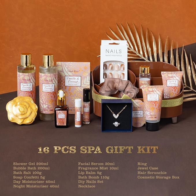 Spa Gift Basket for Women, 16 Pcs Coconut Vanilla Bath and Body Gift Basket Set Face Skin Care Kit Christmas, Valentines Day Gift for Mom, Birthday Gifts for Her, Wife, Mom Makeup Storage