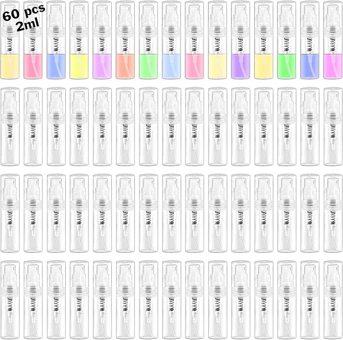 Mini Spray Bottle, Clear Plastic Empty Sample Containers, Fine Mist Perfume Travel Refillable Spray Bottle Perfume Atomizer Small Portable Bottle for Cleaning, Travel, Essential Oils (60, 2ml)
