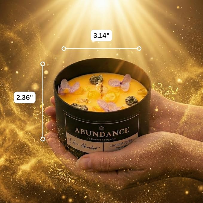 Abundance Crystal Candle – Citrine & Pyrite Crystals for Wealth & Success. Infused Cedarwood & Bergamot Scented Manifestation Candle with Gold Leaf & Hydrangea. Spiritual Gifts for Women