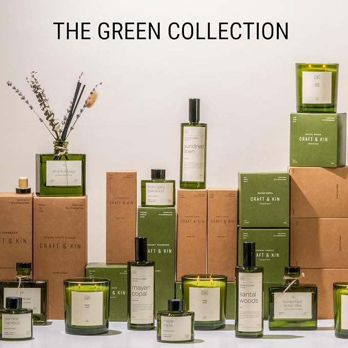 Craft & Kin Premium Oakwood Reed Diffuser – 3.4 oz Natural Essential Oil Diffuser for Home & Bathroom – Long-Lasting Fragrance with Rattan Scent Sticks – Green Glass Room Decor
