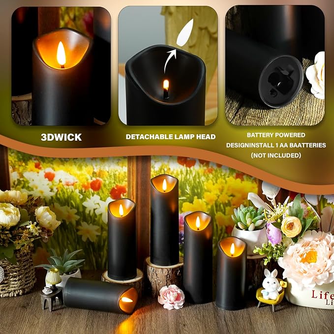 kakoya Flickering Flameless Candles, Battery Operated Plastic LED Pillar Candles with Remote Control and Timer, Set of 24 (Black)