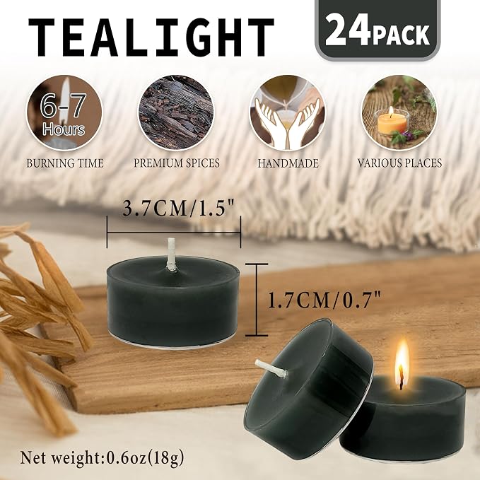 Smoked Sandalwood Scented Tealight Candles, Black Scent Tea Lights Candles Clear Cup, 24 Pack Colored Tealights Candle, 6 Hour Burn Time Tea Candles for Party, Decor, Spa, Shabbat
