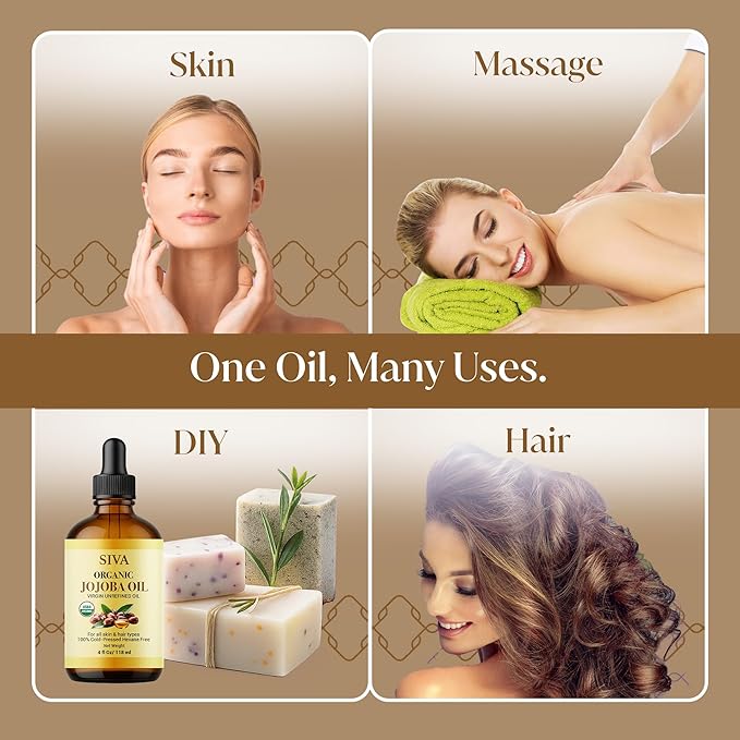 Siva Jojoba Organic Oil 4oz (118ml) Premium Cold-Pressed 100% Natural Organic Carrier Oil with Dropper for Face, Skin Care, Body Massage, Hair Care, Hair Oiling & Scalp Massage