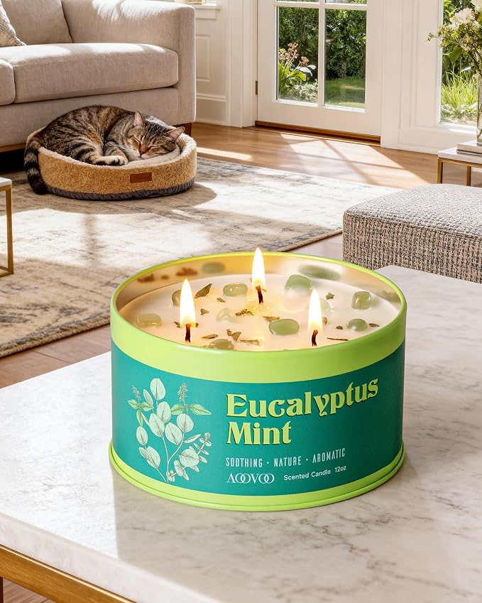 AOOVOO Eucalyptus Mint Candle for Relaxation - 3 Wick 12oz Large Scented Candle with Green Aventurine & Eucalyptus Leaves Inside, Soy Candles Non Toxic for Meditation, Stress Relief, Energy Cleansing