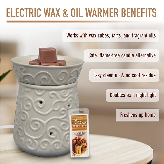D'Eco Fragrance Wax Melt Warmer - Electric Scented Tart & Candle Warmer w 4 Cinnamon Cubes- Plug-in Halogen Bulb Melts Cubes & Fills Room w Fresh Scents & Night Light Glow- Holiday Xmas Must Have Gift
