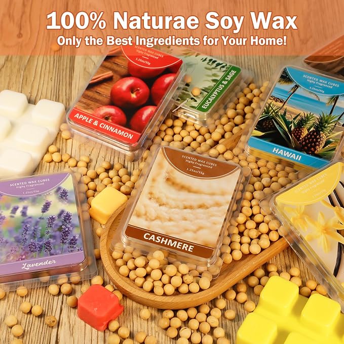 SCENTORINI Scented Wax Melts 12 Pack - Spring & Summer Assorted Scents Including Pure Cotton, Tahiti Vanilla, Jasmine & Eucalyptus Sage | Strong Fragrance Wax Cubes for Warmer, Home, Office Relaxation